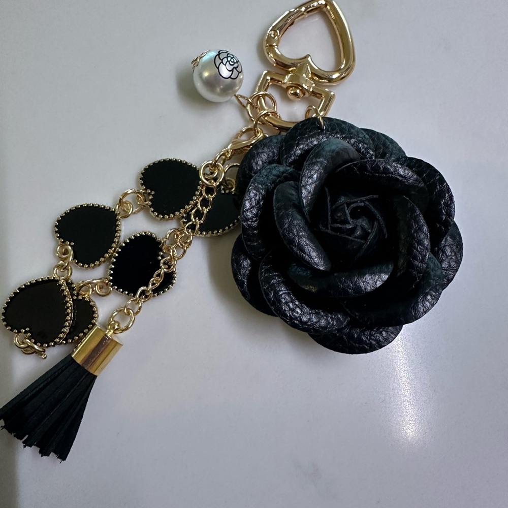 Chic Black Rose Purse Charm Bling with Gold Details